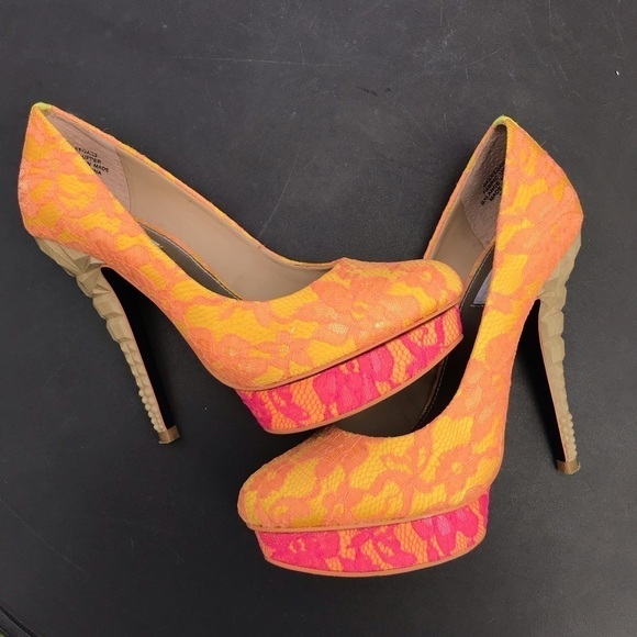 RACHEL ROY KEEDAN Orange Yellow Pink Lace Platform Pump Stiletto Heels Size 6 - Picture 4 of 16